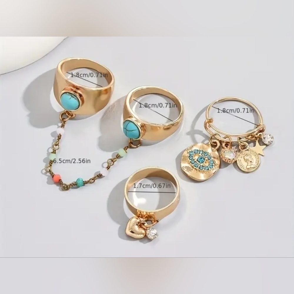 NEW! Gold and Turquoise Ring Set Of 4 NIP! - Picture 3 of 4